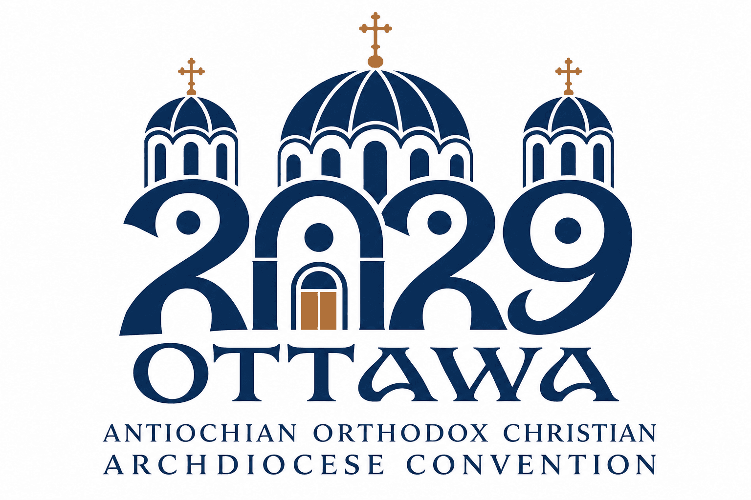 Ottawa 2029 Antiochian Orthodox Christian Archdiocese Convention, with the domes of Saint Elias Cathedral woven into 2029